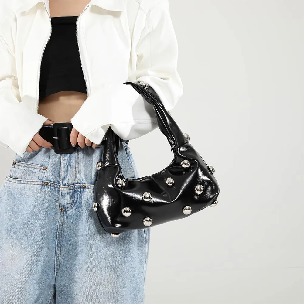 Studded Purse,Y2k Purse Crescent Shoulder Bag for Women Trendy Studded Bag Handbag Small Hobo Bag Leather Satchel Bag