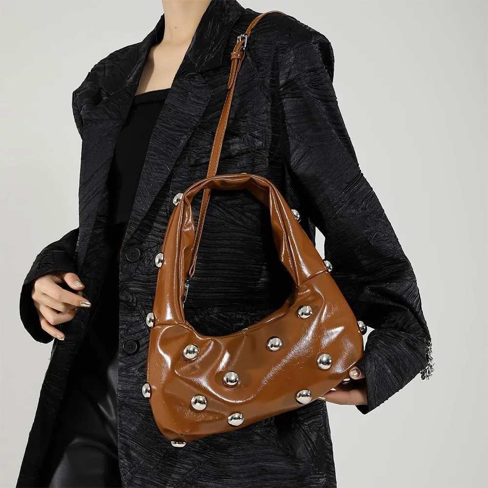 Studded Purse,Y2k Purse Crescent Shoulder Bag for Women Trendy Studded Bag Handbag Small Hobo Bag Leather Satchel Bag
