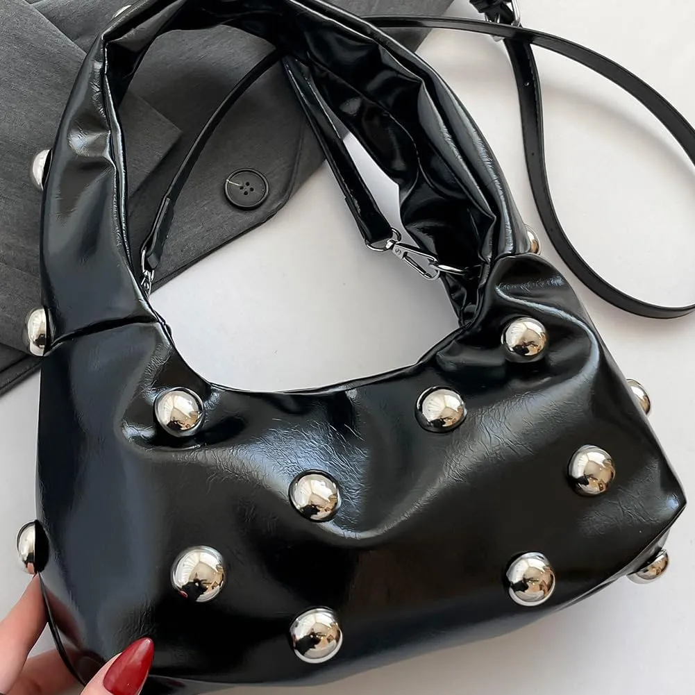 Studded Purse,Y2k Purse Crescent Shoulder Bag for Women Trendy Studded Bag Handbag Small Hobo Bag Leather Satchel Bag