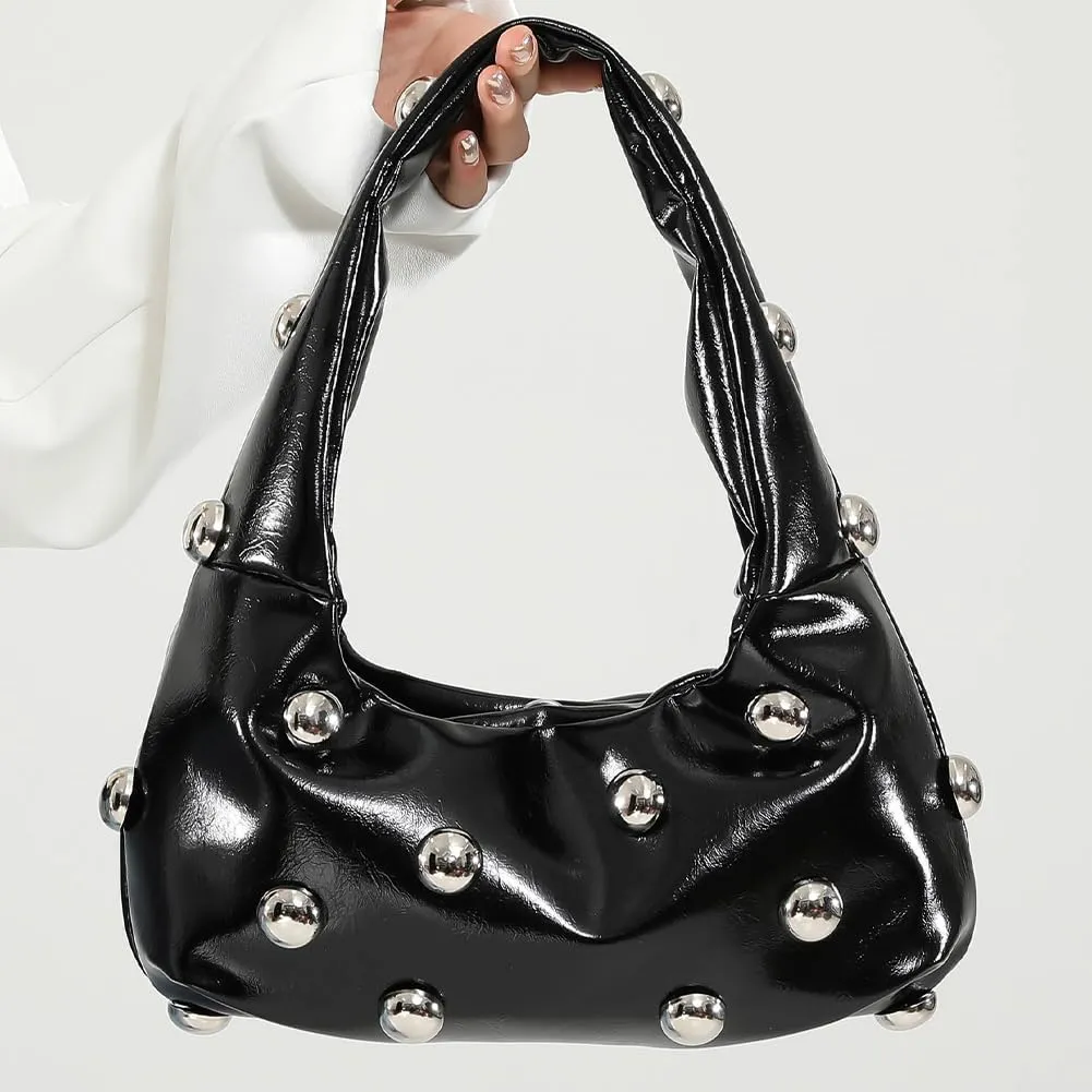 Studded Purse,Y2k Purse Crescent Shoulder Bag for Women Trendy Studded Bag Handbag Small Hobo Bag Leather Satchel Bag