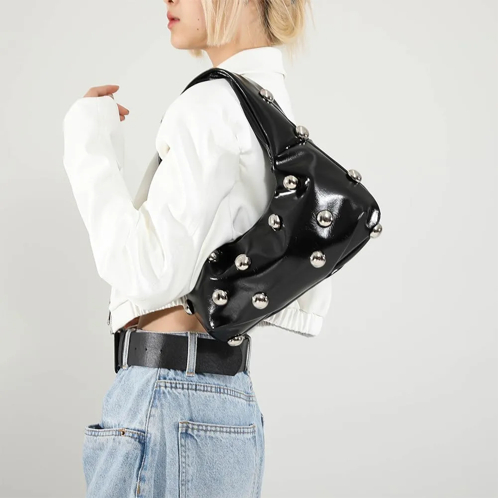 Studded Purse,Y2k Purse Crescent Shoulder Bag for Women Trendy Studded Bag Handbag Small Hobo Bag Leather Satchel Bag