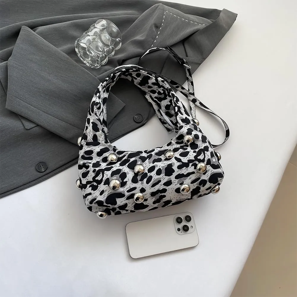 Studded Purse,Y2k Purse Crescent Shoulder Bag for Women Trendy Studded Bag Handbag Small Hobo Bag Leather Satchel Bag