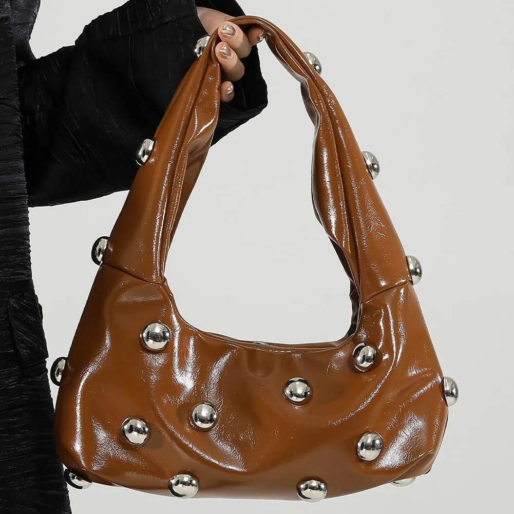 Studded Purse,Y2k Purse Crescent Shoulder Bag for Women Trendy Studded Bag Handbag Small Hobo Bag Leather Satchel Bag