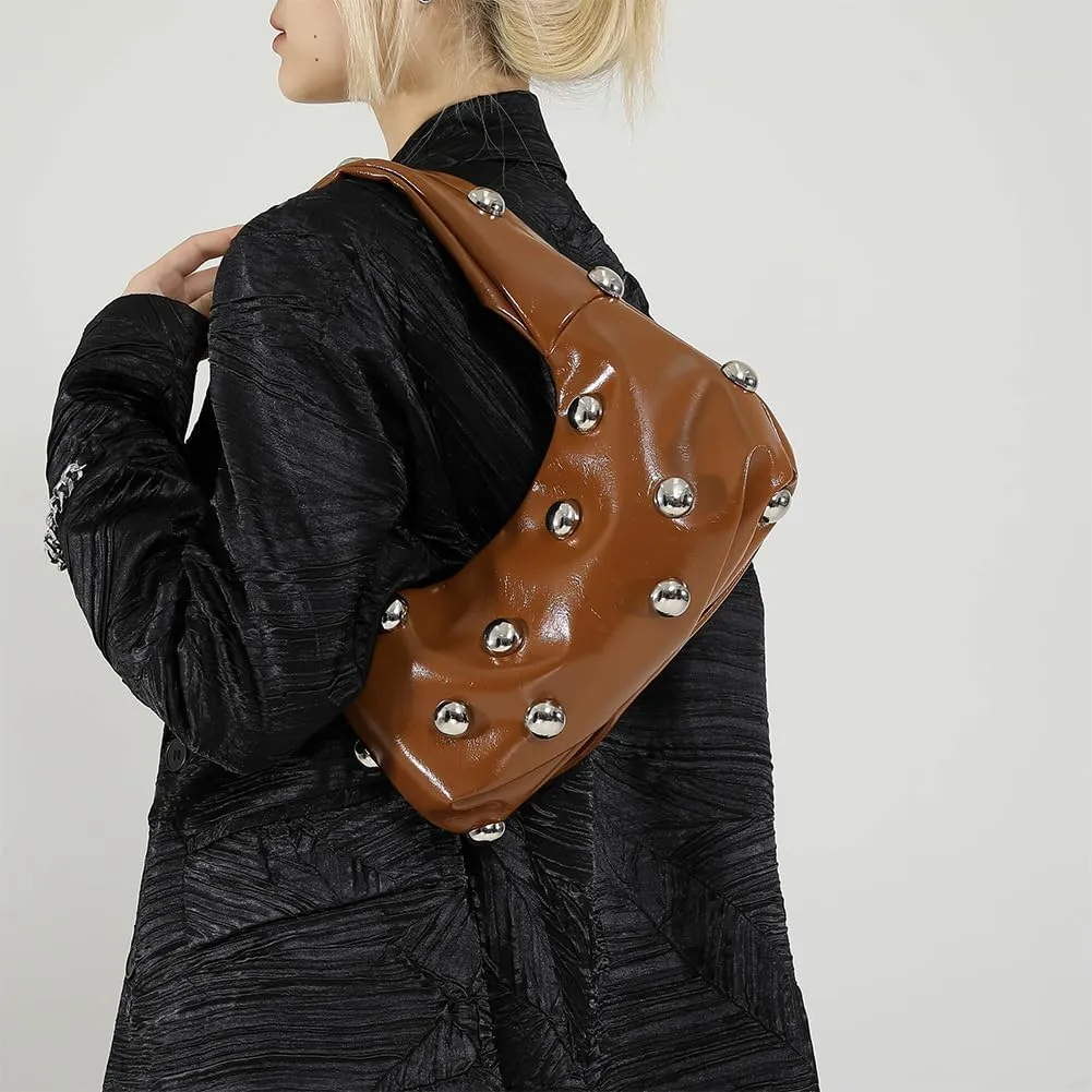Studded Purse,Y2k Purse Crescent Shoulder Bag for Women Trendy Studded Bag Handbag Small Hobo Bag Leather Satchel Bag