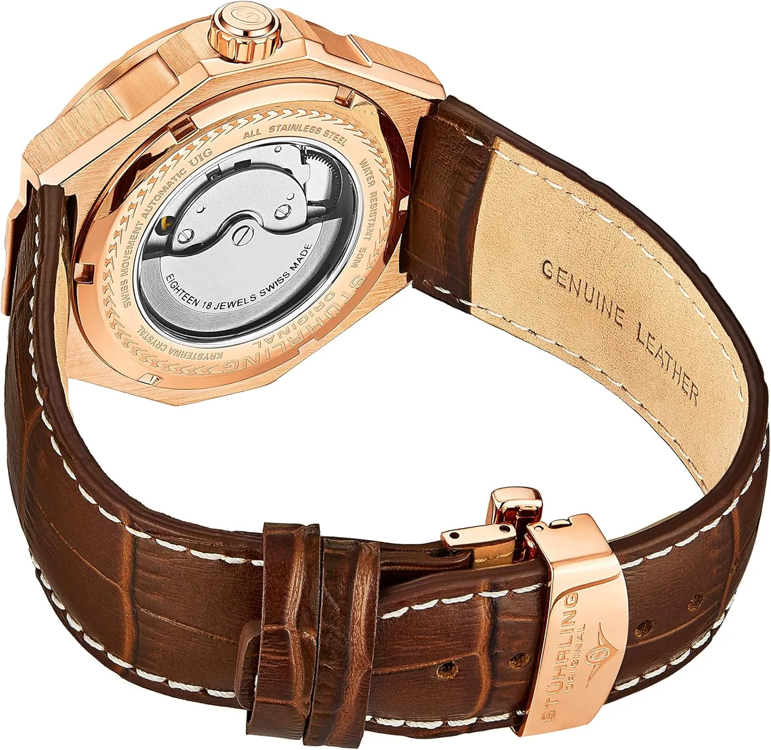 Stuhrling Original Mens Swiss Automatic Watch - Self Winding Mens Dress Watch Mens Leather Wrist Watch Mechanical Skeleton Watches for Men