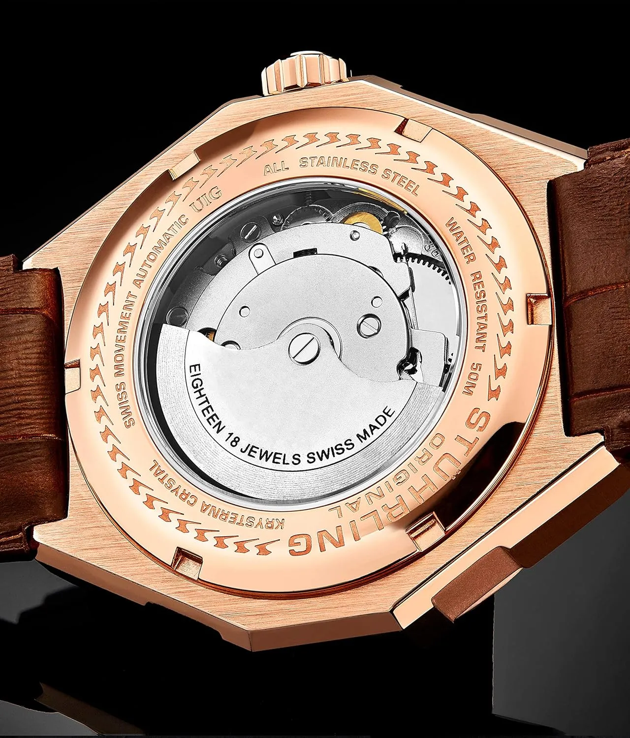 Stuhrling Original Mens Swiss Automatic Watch - Self Winding Mens Dress Watch Mens Leather Wrist Watch Mechanical Skeleton Watches for Men