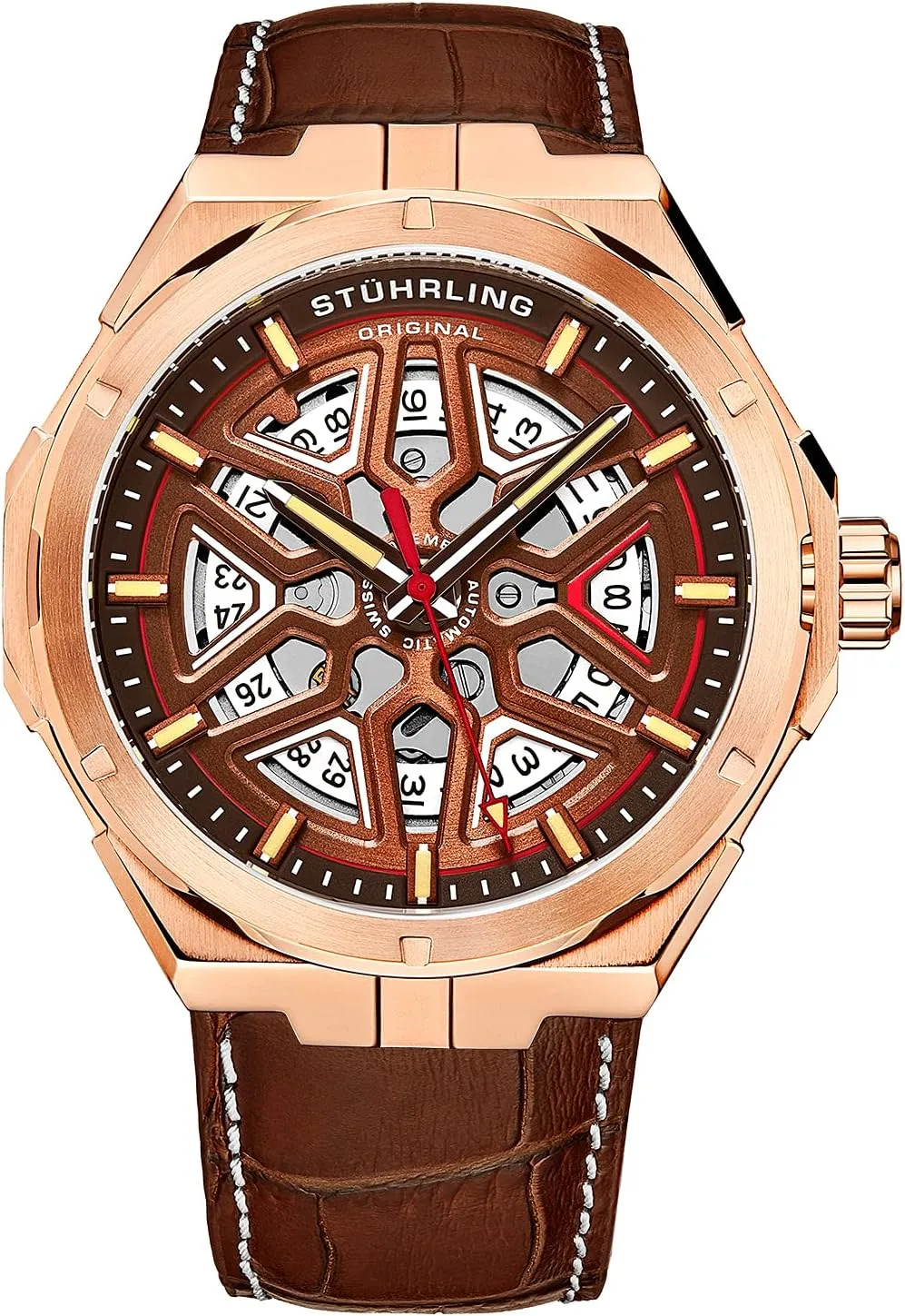 Stuhrling Original Mens Swiss Automatic Watch - Self Winding Mens Dress Watch Mens Leather Wrist Watch Mechanical Skeleton Watches for Men