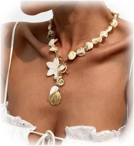 Summer Beach Shell Pendant Necklace for Women,Boho Metal Big Shell Choker,Bikini Conch Floral Clavicle Chain Necklace,Statement Pearl Body Jewelry