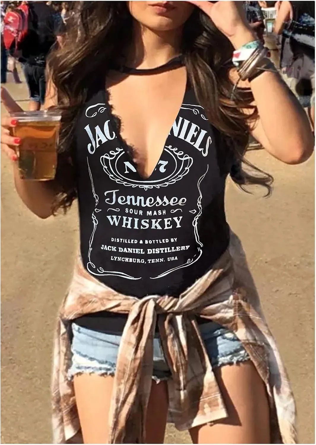 Summer Deep V Neck Tank Tops for Women Western Country Sleeveless Tee Shirts Teen Girls Sexy Casual Concert Tops Outfits