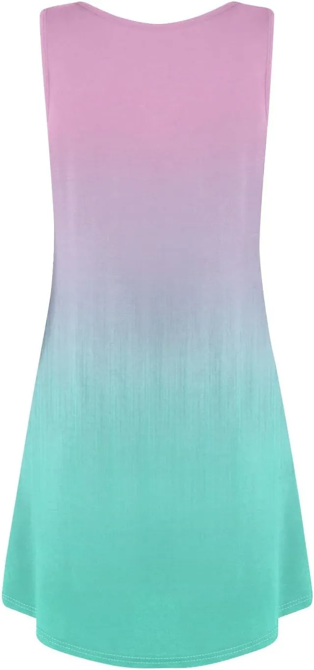 Summer Dress for Women Casual Trendy Ombre Gradient U-Neck Sleeveless Beach Vacation Mini Tank Sundress with Pocket
