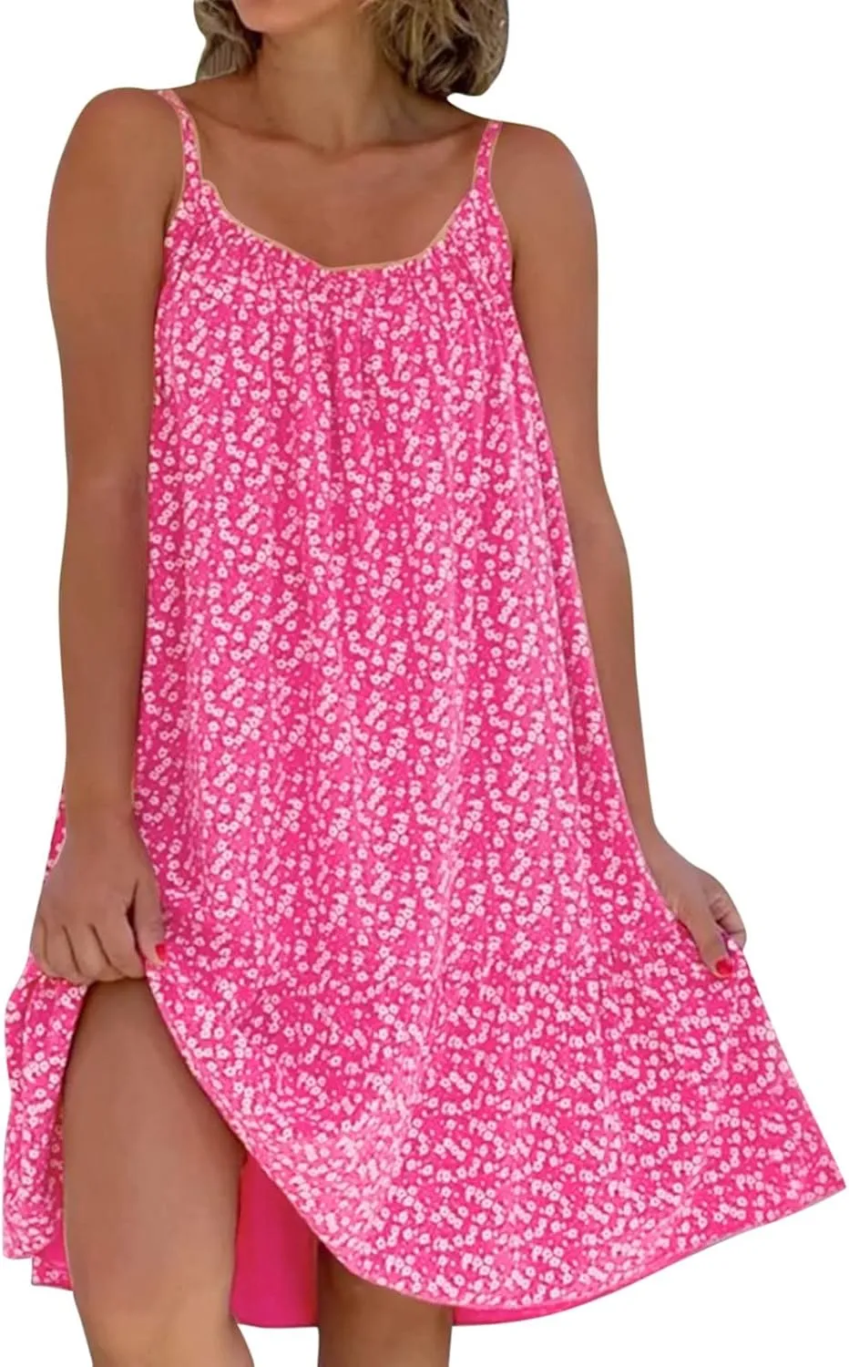 Summer Dresses for Women 2024 Floral Printed Ruffle Hem Spaghetti Sundresses Sleeveless Crewneck Beach Midi Dress