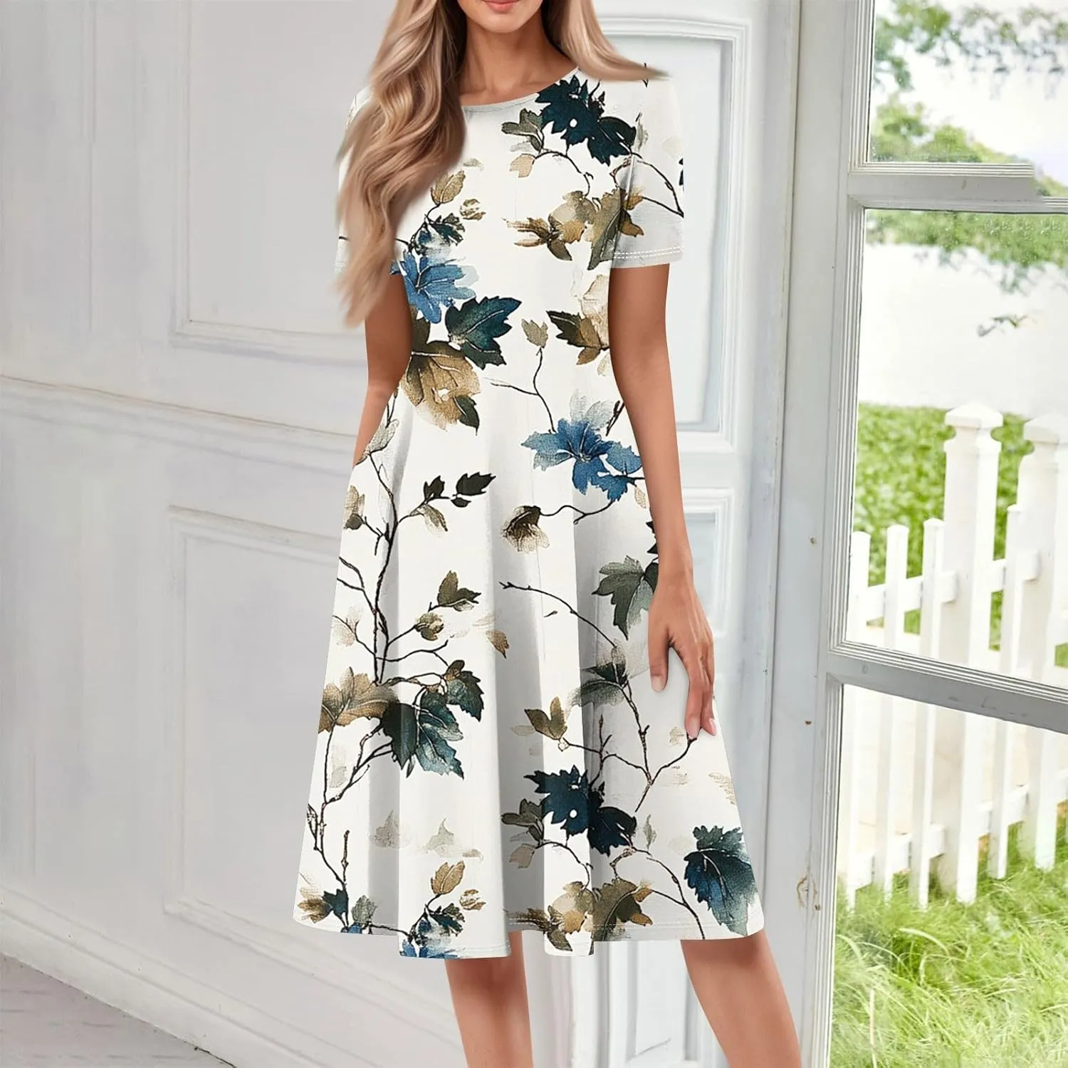 Summer Dresses for Women 2025 Beach Vacation Elegant Crewneck Short Sleeve A Line Dress Side Pockets Midi Sun Dress