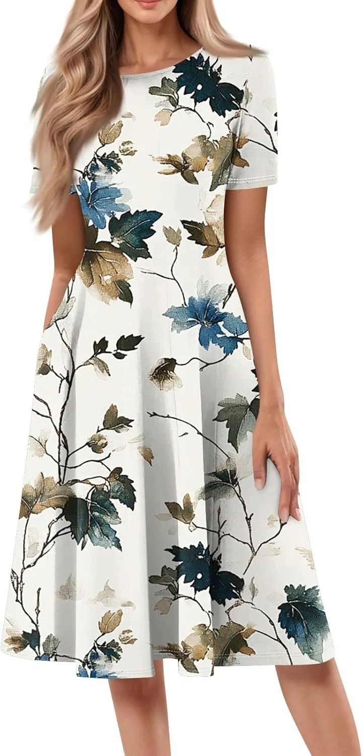 Summer Dresses for Women 2025 Beach Vacation Elegant Crewneck Short Sleeve A Line Dress Side Pockets Midi Sun Dress