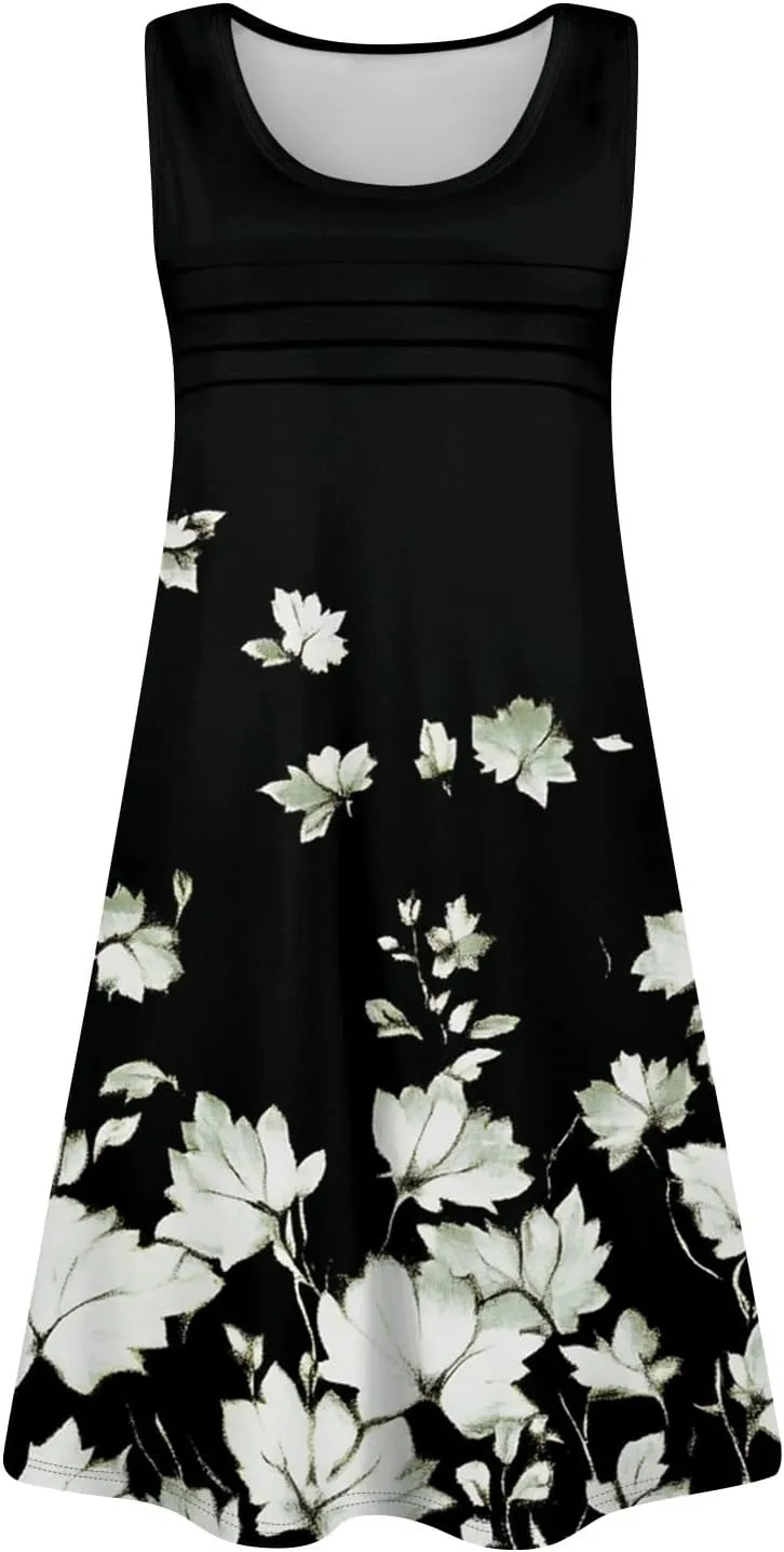 Summer Dresses for Women 2025 Floral Loose Pleated Front Tank Dress O Neck Casual T Shirt Dresses Sleeveless Sundresses