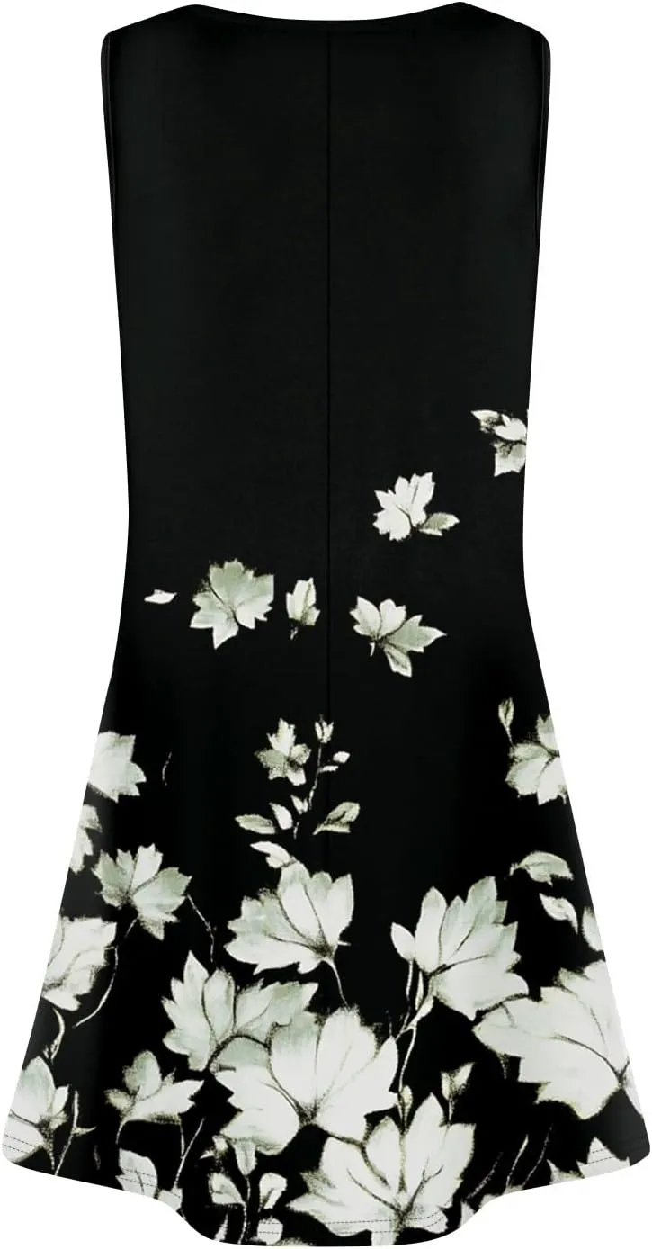 Summer Dresses for Women 2025 Floral Loose Pleated Front Tank Dress O Neck Casual T Shirt Dresses Sleeveless Sundresses