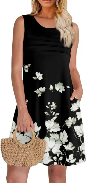 Summer Dresses for Women 2025 Floral Loose Pleated Front Tank Dress O Neck Casual T Shirt Dresses Sleeveless Sundresses