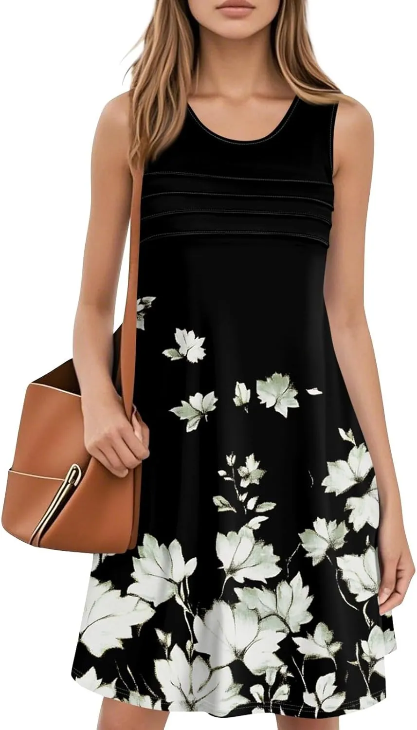 Summer Dresses for Women 2025 Floral Loose Pleated Front Tank Dress O Neck Casual T Shirt Dresses Sleeveless Sundresses