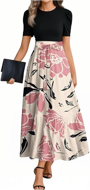 Summer Dresses for Women 2025 Floral Print Wrap Short Sleeve Maxi Dress Patchwork Ruffle Hem A Line Dress