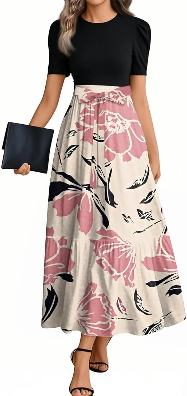 Summer Dresses for Women 2025 Floral Print Wrap Short Sleeve Maxi Dress Patchwork Ruffle Hem A Line Dress