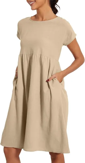 Summer Dresses for Women Linen Cotton Short Sleeve Boho Midi Dress Crew Neck Baggy Tunic Dresses with Pockets Beach Fashion