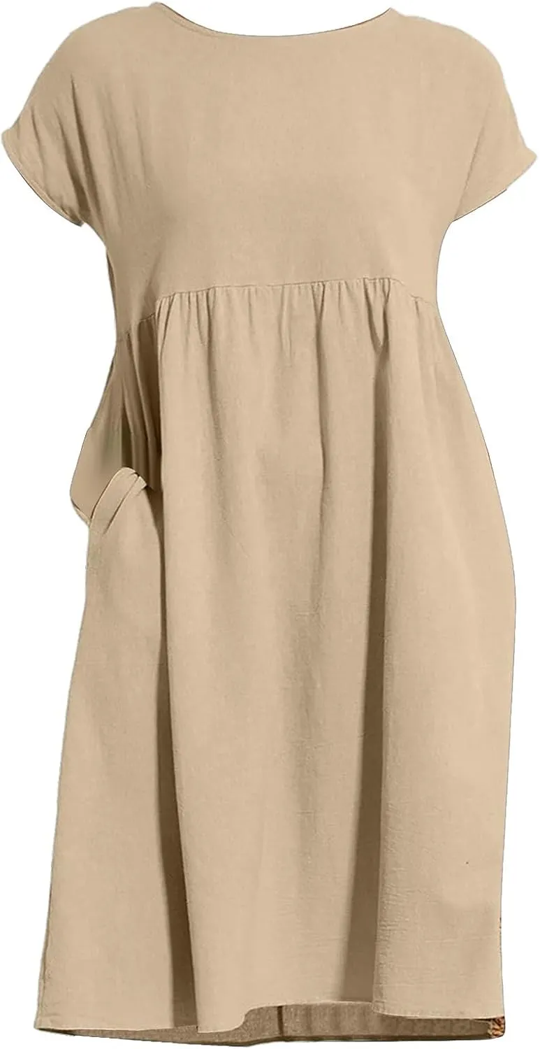 Summer Dresses for Women Linen Cotton Short Sleeve Boho Midi Dress Crew Neck Baggy Tunic Dresses with Pockets Beach Fashion