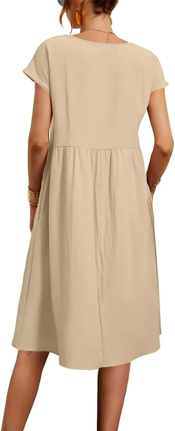 Summer Dresses for Women Linen Cotton Short Sleeve Boho Midi Dress Crew Neck Baggy Tunic Dresses with Pockets Beach Fashion