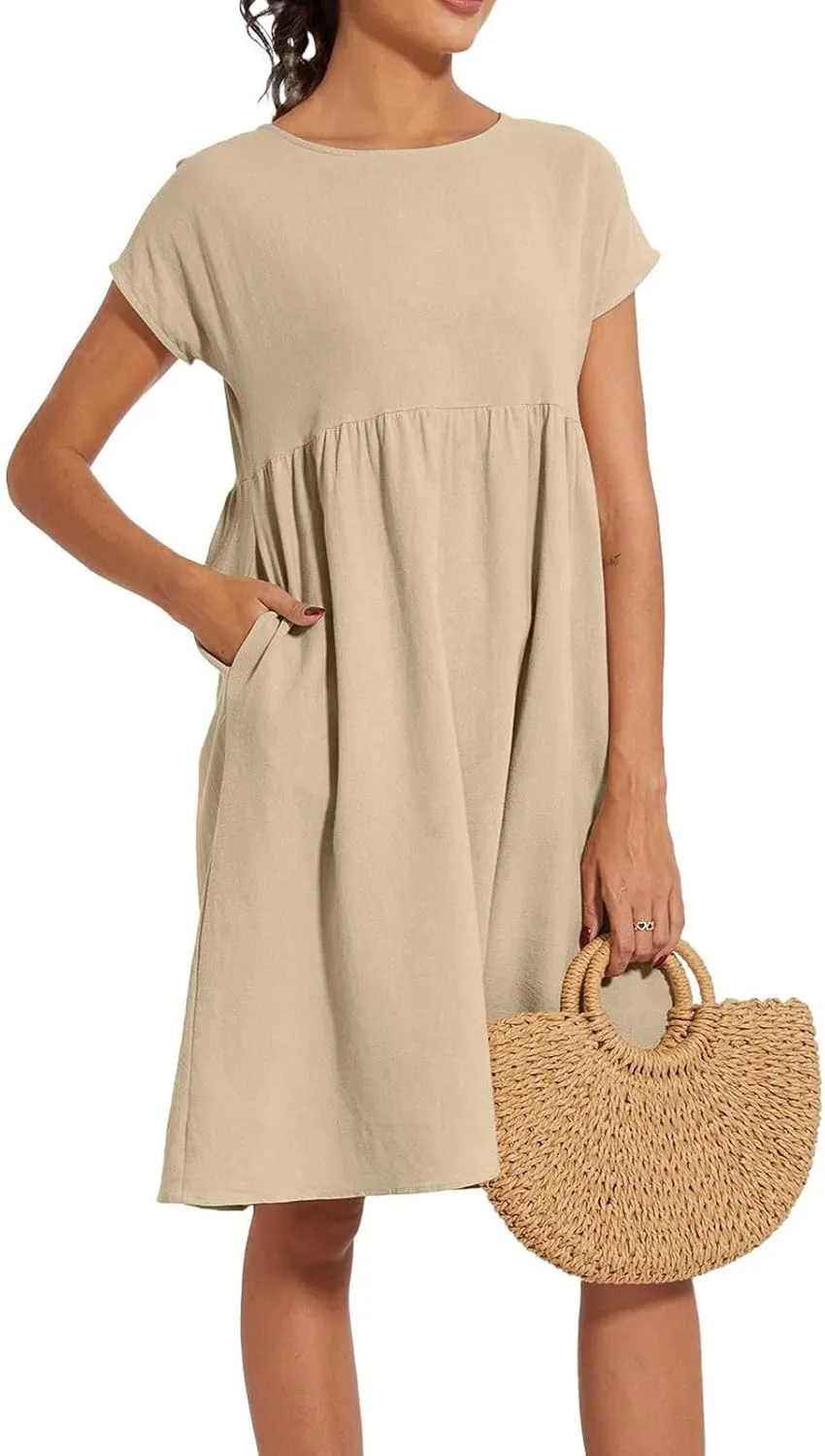 Summer Dresses for Women Linen Cotton Short Sleeve Boho Midi Dress Crew Neck Baggy Tunic Dresses with Pockets Beach Fashion