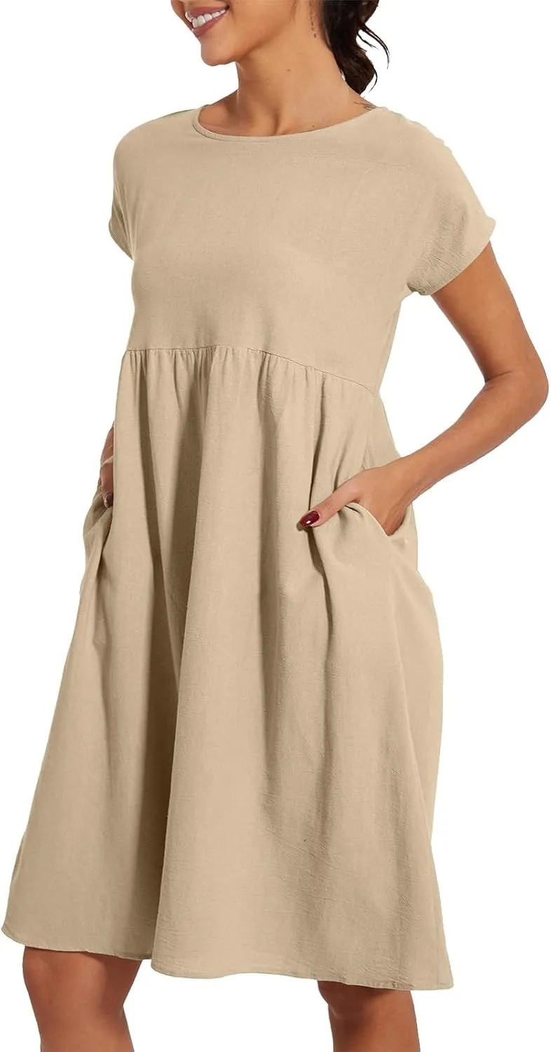 Summer Dresses for Women Linen Cotton Short Sleeve Boho Midi Dress Crew Neck Baggy Tunic Dresses with Pockets Beach Fashion