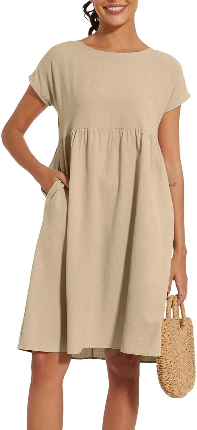 Summer Dresses for Women Linen Cotton Short Sleeve Boho Midi Dress Crew Neck Baggy Tunic Dresses with Pockets Beach Fashion