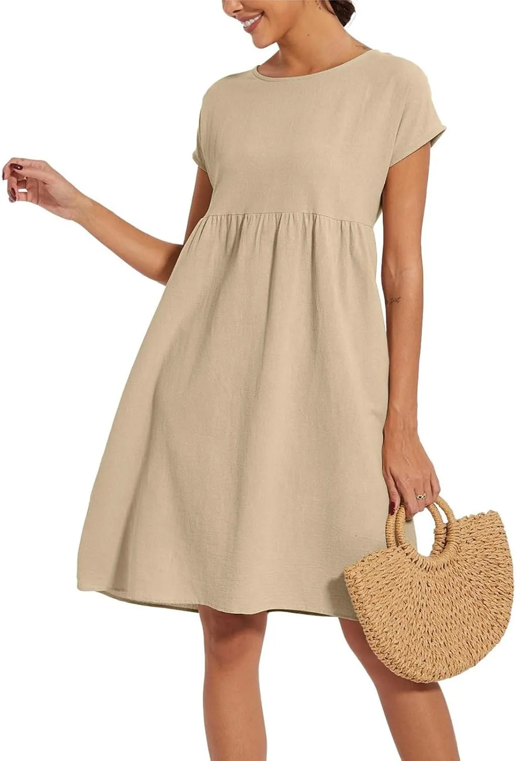 Summer Dresses for Women Linen Cotton Short Sleeve Boho Midi Dress Crew Neck Baggy Tunic Dresses with Pockets Beach Fashion