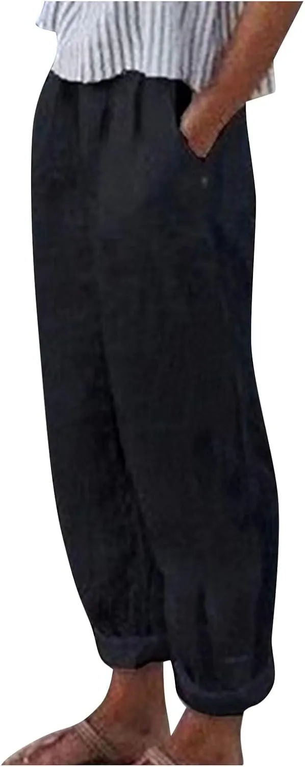 Summer Linen Pants for Women with Pockets Casual Loose Stripe Button Baggy Elastic Waist Straight Leg Trousers