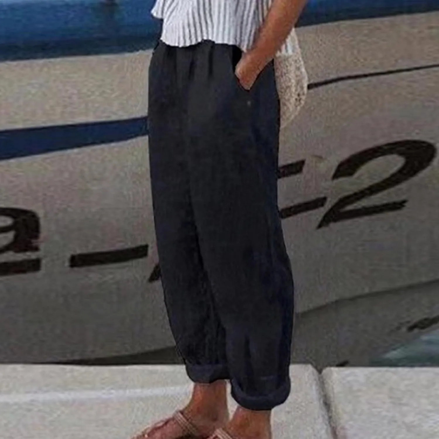 Summer Linen Pants for Women with Pockets Casual Loose Stripe Button Baggy Elastic Waist Straight Leg Trousers