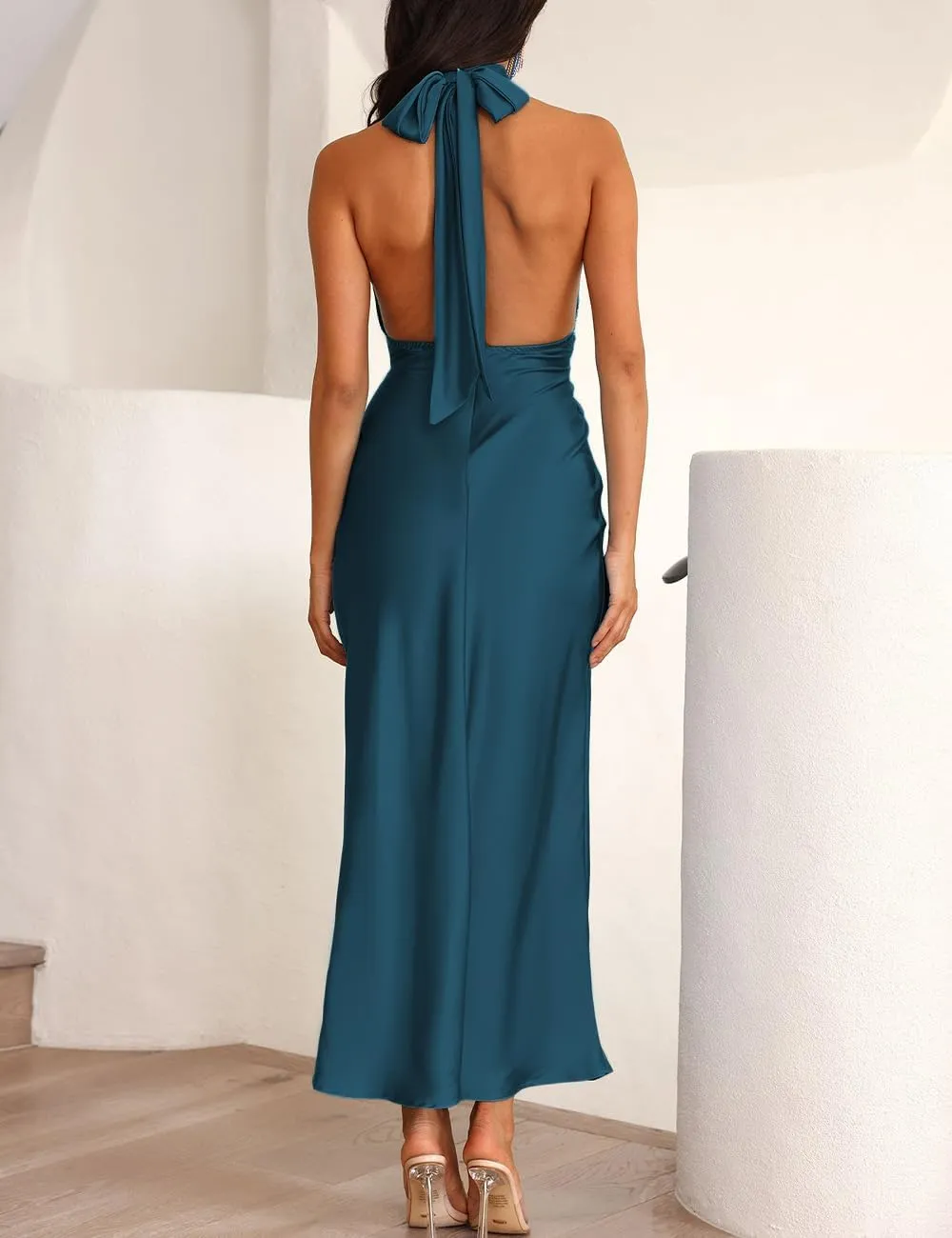 Summer Sexy Satin Backless Halter Maxi Dress for Women Elegant Sleeveless V Neck Twist Wedding Guest Dresses Cocktail