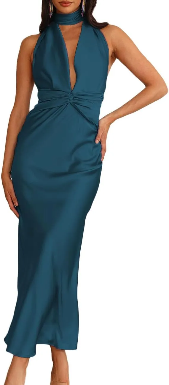 Summer Sexy Satin Backless Halter Maxi Dress for Women Elegant Sleeveless V Neck Twist Wedding Guest Dresses Cocktail