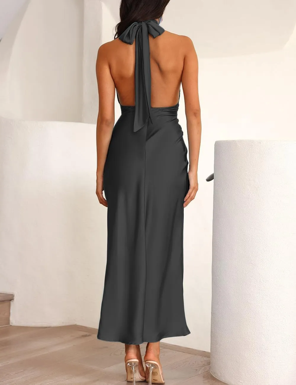 Summer Sexy Satin Backless Halter Maxi Dress for Women Elegant Sleeveless V Neck Twist Wedding Guest Dresses Cocktail