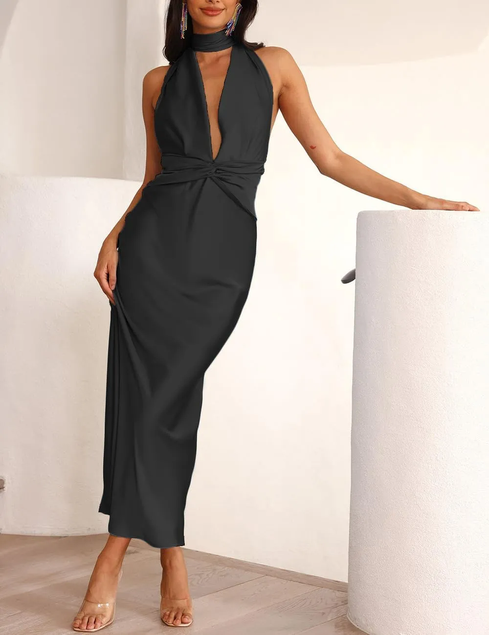 Summer Sexy Satin Backless Halter Maxi Dress for Women Elegant Sleeveless V Neck Twist Wedding Guest Dresses Cocktail