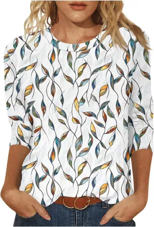 Summer Tops for Women 2025 3/4 Sleeve Floral Dressy Shirts Loose Fit Comfy Casual Blouses Trendy Boho Shirt