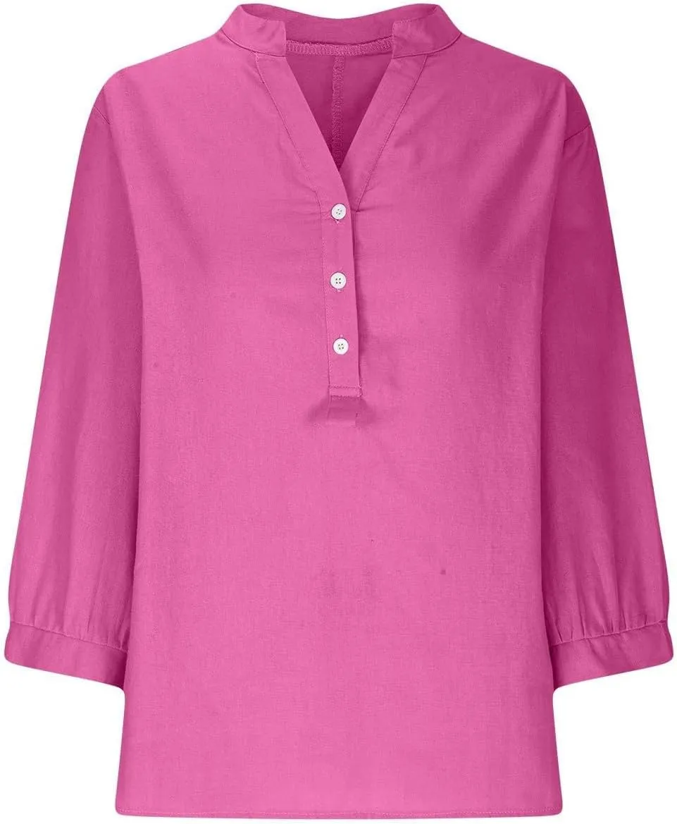 Summer Tops for Women 2025 Trendy V Neck Gauze Plus Size Button Down Shirts Womens 3/4 Sleeve Tops and Blouses
