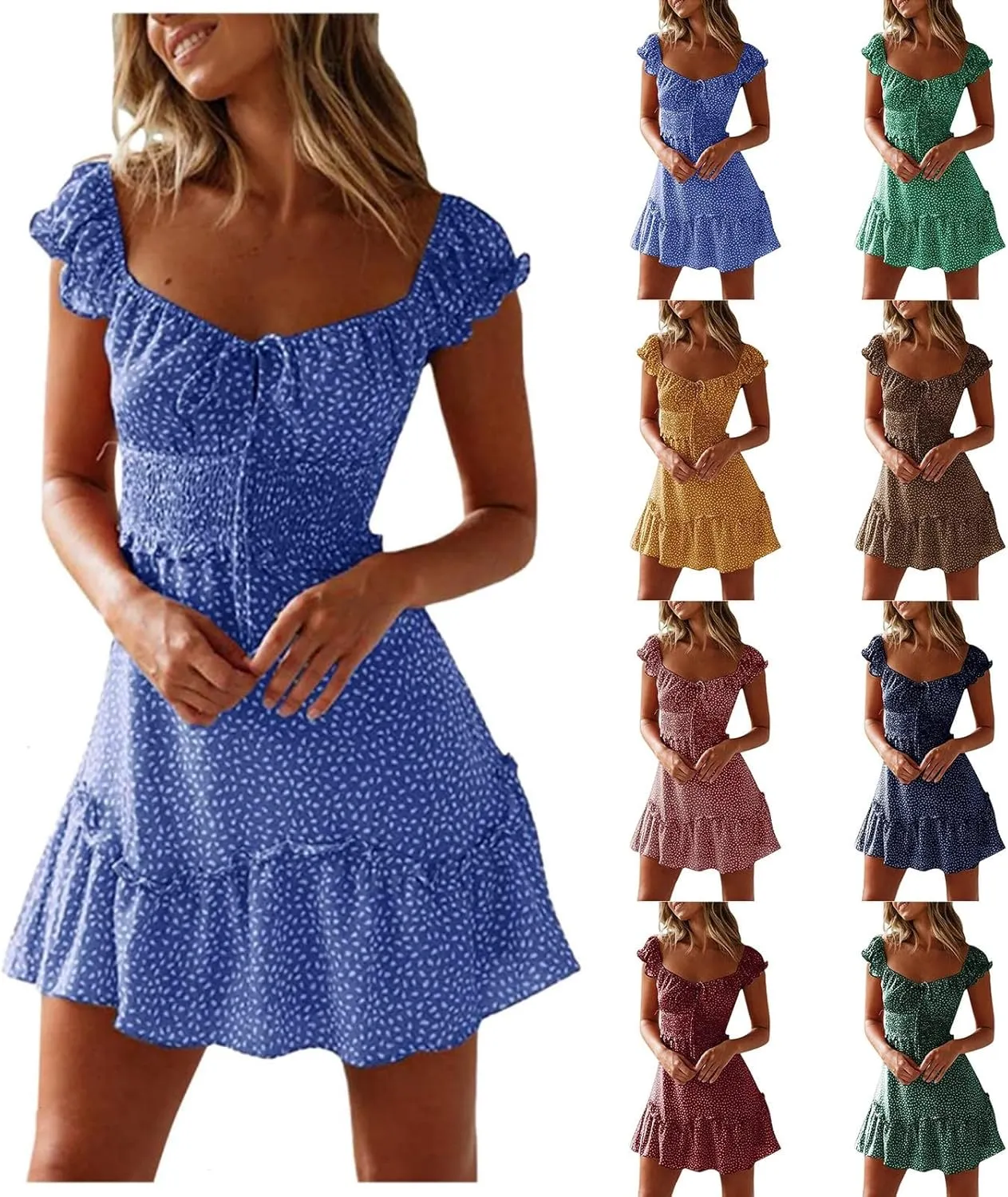 Summer Womens Smocked Dresses Ruffle Sleeve Floral Tie Front Boho Sundress Sexy Print Sweetheart Neckline Mini Dress