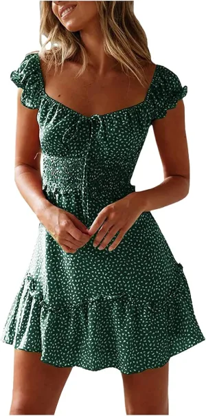 Summer Womens Smocked Dresses Ruffle Sleeve Floral Tie Front Boho Sundress Sexy Print Sweetheart Neckline Mini Dress