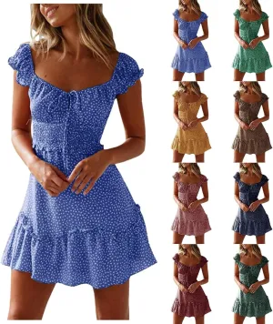 Summer Womens Smocked Dresses Ruffle Sleeve Floral Tie Front Boho Sundress Sexy Print Sweetheart Neckline Mini Dress