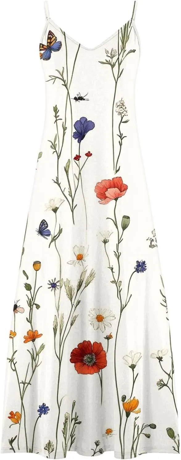 Sun Dresses for Women 2025 Flower Pattern Print Maxi Dresses Sleeveless Fashion Boho Beach Dresses