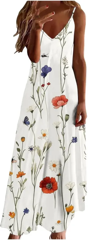 Sun Dresses for Women 2025 Flower Pattern Print Maxi Dresses Sleeveless Fashion Boho Beach Dresses