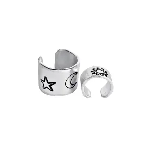 Sun Moon Star Ear Cuff Earrings Silver Set of Two- Hand Stamped Ear cuff - Conch Cartilage - Non Pierced Ear Cuff