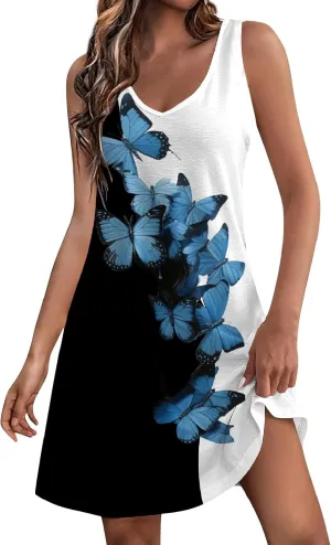 Sundresses for Women Casual Beach 2024 Summer Dresses with Pockets V Neck Loose Dress Boho Hawaiian Floral Tank Dress