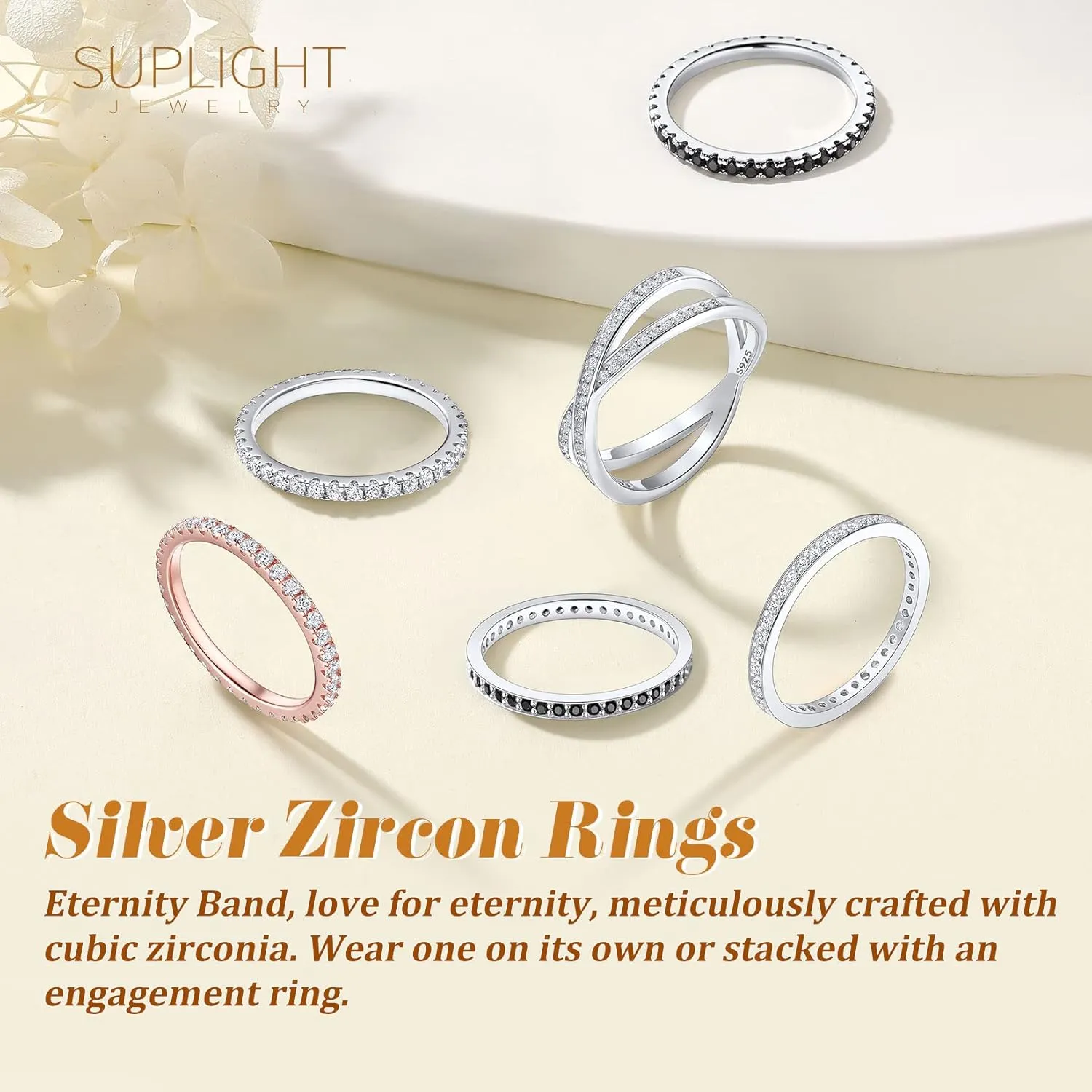 Suplight 925 Sterling Silver Eternity Rings Cubic Zirconia Fake Diamond Stackable Wedding Engagement Bands for Women(with Gift Box)