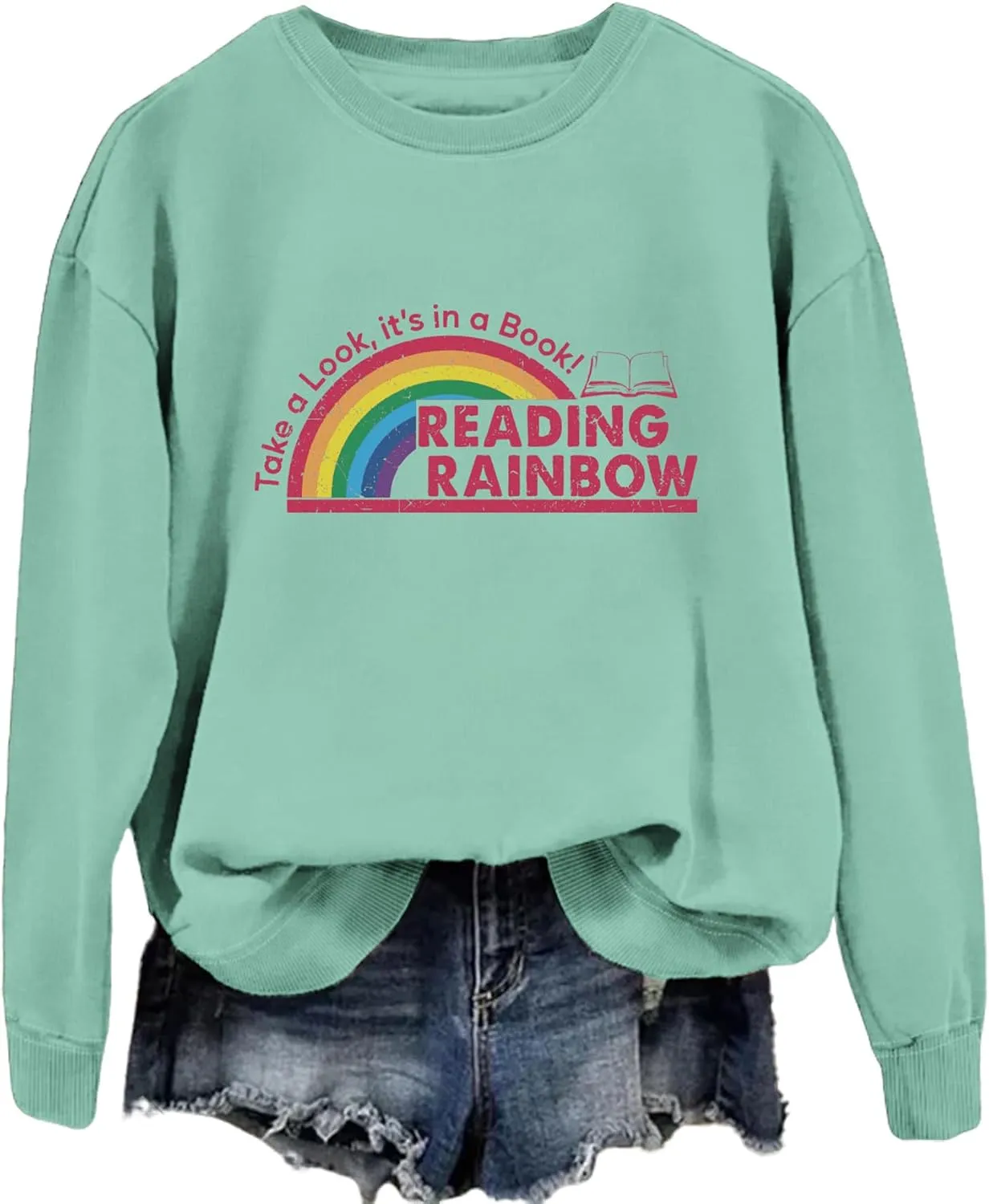Teacher Sweatshirts for Women Take a Look It's in a Book Lovers Shirt Reading Rainbow Graphic Tees Cute Fall Tops