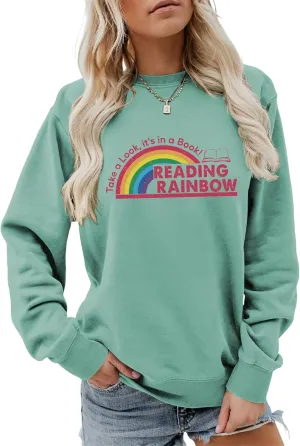 Teacher Sweatshirts for Women Take a Look It's in a Book Lovers Shirt Reading Rainbow Graphic Tees Cute Fall Tops