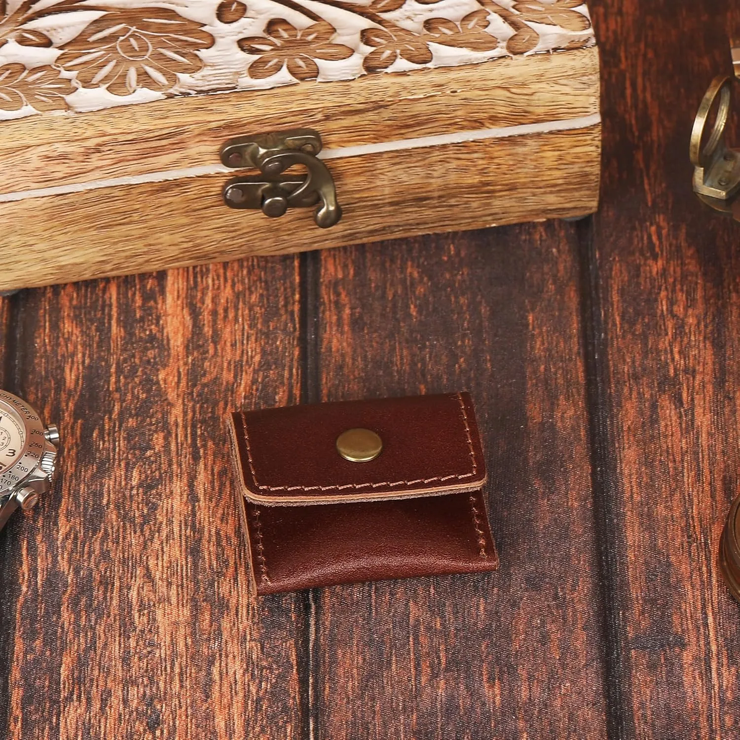 The Antiq Leather Ring Pouch, Brown Leather Jewelry Holder, Wedding Case for Men and Women - Full Grain Pouch for Engagement Handcrafted Bridal Jewellery Storage, Guitar Picks Camera SD Card Holder