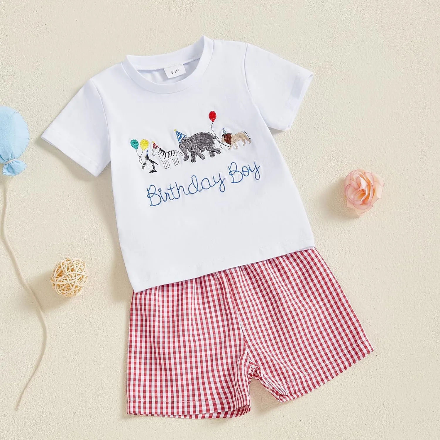 Toddler Baby Boy Birthday Outfit Letter Animals Balloon Embroidery Short Sleeve T-Shirt and Gingham Plaid Shorts Set